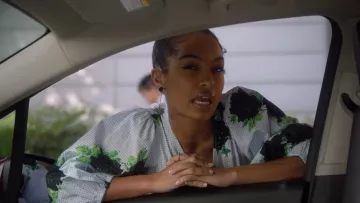 Ganni Pine embellished printed cotton poplin wrap top worn by Zoey Johnson (Yara Shahidi) in grown-ish (S02E08)