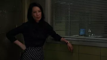 Victoria Beckham  Wrap Skirt in Indigo Polka Dot worn by Dr. Joan Watson (Lucy Liu) in Elementary (S04E11)