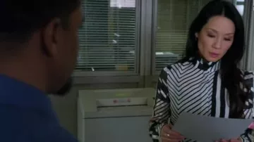Preen by Thornton Bregazzi   Nita Paneled Silk-jacquard, Chiffon and Fil Coupé Blouse by worn by Dr. Joan Watson (Lucy Liu) in Elementary (S04E21)