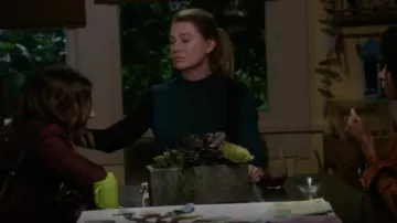 Akris Punto Turtleneck Slit Long-Sleeve Striped Wool Knit Top usado por la Dra. Meredith Grey (Ellen Pompeo) en Grey's Anatomy (S15E16)