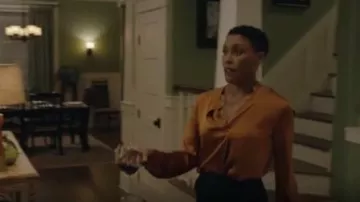 Vince Tie Neck Silk Popover Blouse worn by Lynn Pierce (Christine Adams) in Black Lightning (S02E14)