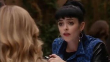 H&M Animal Print Animal Crop Biker Denim Jacket Size 10 worn by Chloe (Krysten Ritter) in Don't Trust the B---- in Apartment 23 (S02)