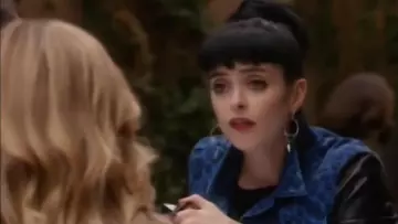 H&M Animal Print Animal Crop Biker Denim Jacket Size 10 worn by Chloe (Krysten Ritter) in Don't Trust the B---- in Apartment 23 (S02)