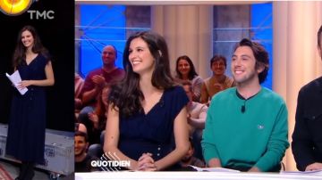 El vestido azul marino cuello en V de Lilia Hassaine en Quotidien del 14/03/2019
