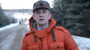 Polo Ralph Lauren orange Parka Jacket worn by Lester Nygaard (Martin Freeman) in Fargo Outfits (Season 1 Episode 1)