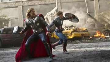 Red leather boots with black tread soles worn by Captain America (Chris Evans) in The Avengers