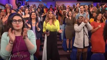 Derek Lam Black, White, and Lavender Colorblock Knit Skirt worn by Wendy Williams on The Wendy Williams Show March 13, 2019