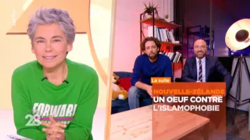 Le pull vert Forward de Élisabeth Quin dans 28 minutes du 21/03/2019