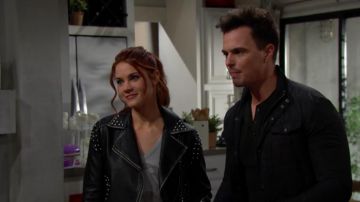 Topshop Studded Leather Jacket Coat Biker Moto worn by Courtney Hope in The Bold and the Beautiful (S32E98)