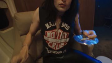 Motley Crüe Bad Boys Shield black t-shirt worn by Nikki Sixx (Douglas Booth) in The Dirt