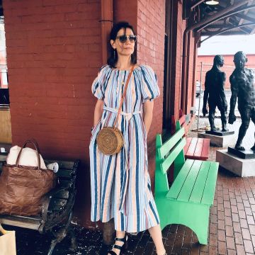 Ulla Johnson Elan Off the Shoulder Seersucker Jumpsuit worn by Katie Holmes on her Instagram account @katieholmes212