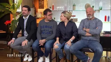 The sweater with message "SERGE À LA NEIGE" worn by Chef Michel Sarran in the show Top Chef France of April 3, 2019