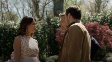 Pink Guipure Lace and Pleated Midi Dress worn by Cristal Jennings (Ana Brenda Contreras) in Dynasty (S01E01)