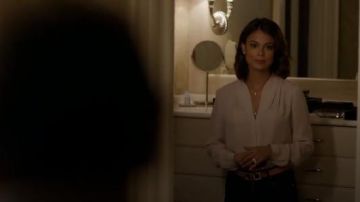 White Judith Long-Sleeve V-Neck Silk Blouse worn by Cristal Jennings (Ana Brenda Contreras) in Dynasty (S01E02)