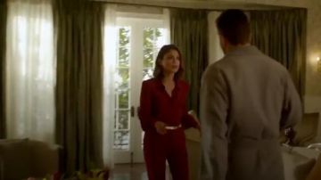 Red Classic Puff-Sleeve Crepe Blouse worn by Cristal Jennings (Ana Brenda Contreras) in Dynasty (S01E03)