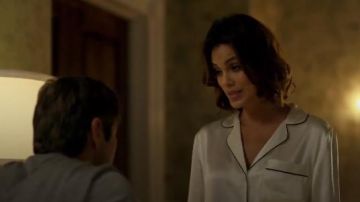 White Silk Satin Two-Piece Pajama Set worn by Cristal Jennings (Ana Brenda Contreras) in Dynasty season 1 Episode 7