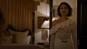 Natal One-Shoulder Ruffled Crocheted Bodysuit worn by Cristal Jennings (Ana Brenda Contreras) in Dynasty Season 1 Episode 17