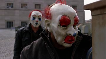 The clown mask worn by Happy (William Smillie) in The Dark Knight : The black Knight
