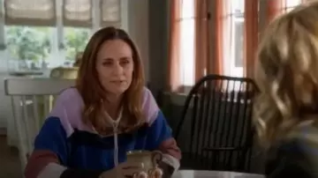Theory Striped Mock-Neck Cashmere Pullover Sweater worn by Maya (Diane Farr) in Splitting Up Together (S02E18)