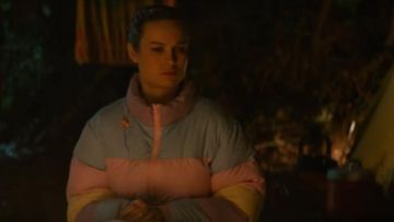 Colorblock Puffer Jacket worn by Kit (Brie Larson) as seen in Unicorn Store