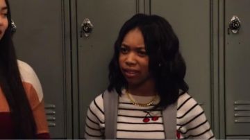 Aqua Cashmere Cherry Striped Cashmere Sweater worn by Becky (Kyla Drew) in No Good Nick (S01E04)