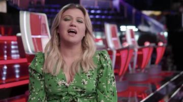 Veronica Beard Vestido ámbar en verde usado por Kelly Clarkson en The Voice 15 de abril de 2019