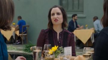Veronica Beard Alana Button Vestido de seda estampado frontal usado por Jen (Zoe Lister-Jones) en Life in Pieces (S03E13)