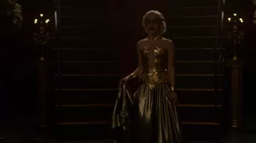 Sabrina Spellman's (Kiernan Shipka) golden dress as seen in Chilling Adventures of Sabrina S02E09