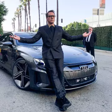 Givenchy Double breasted slim fit metallic jacquard suit worn by Robert Downey Jr. for Avengers Endgame World Premiere April 22, 2019