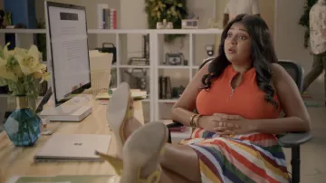 Zip shirt, striped skirt, and yellow sandals with heels worn by Kim Laghari (Punam Patel) as seen in Special S1E06