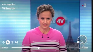 Le pull court rose à rayures de Caroline Roux dans Télématin le 02.05.2019