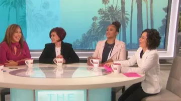 Iro Ashville leather biker jacket in powder worn by Eve on The Talk March 18, 2019