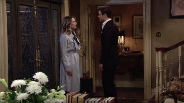 Badgley Mischka Faux Leather Trim Long Trench Coat worn by Hunter King as seen in The Young and the Restless April 2019