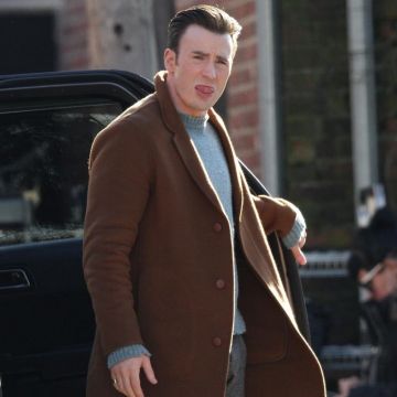 Brown Wool Coat worn by Chris Evans as seen on the set of Knives Out