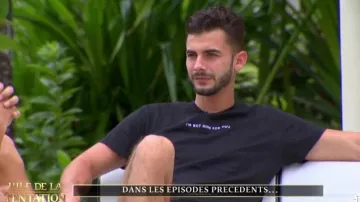 The black t-shirt I'm not here for you to Nicholas in The island of temptation, 2019