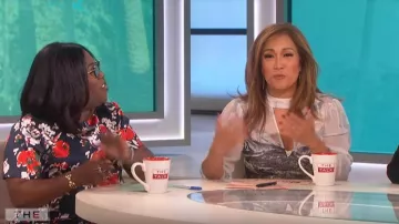 BCBGMAXAZRIA Abstract Landscape Handkerchief Dress worn by Carrie Inaba on The Talk May 13, 2019