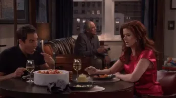 Helmut Lang fermeture à Glissière Détail Laqué Haut en Soie porté par la Grâce Adler (Debra Messing) dans will & Grace (S01E16)