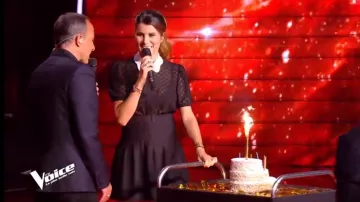 The knit Skirt belted Karine Ferri in The Voice : the most beautiful voice