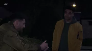 Pull & Bear padded ma1 bomber in mustard worn by Ellis Chapman (Asan N'Jie) in Emmerdale Episode 8428 on 27/03/19