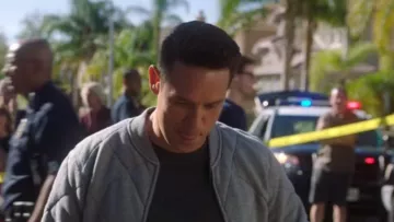 Grey Bomber jacket worn by Dan Espinoza (Kevin Alejandro) in Lucifer (S03E13)