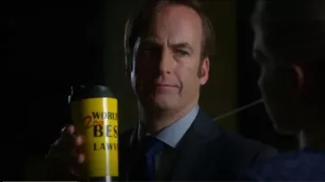 Red Bubble World’s 2nd Best Lawyer Travel Mugs used by Jimmy McGill (Bob Odenkirk) in Better Call Saul (S02E02)