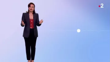 Le top rouge Promod avec plumes dorées de Anaïs Baydemir dans la Météo de France 2 (21/05/2019)
