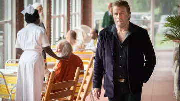 Gray denim shirt worn by Carson Philips (John Travolta) as seen in The Poison Rose