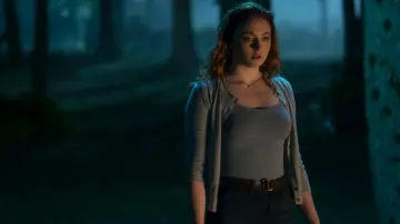 Le gilet gris à col rond et boutons de Jean Grey / Phoenix (Sophie Turner) dans X-Men : Dark Phoenix