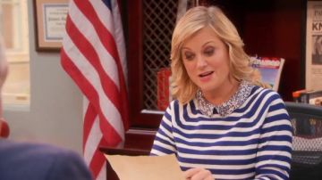 J.Crew  Liberty-collar merino sweater in stripe worn by Leslie Knope (Amy Poehler) in Parks and Recreation (S05E20)