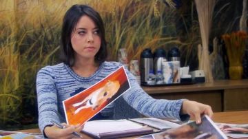 Isabel Marant Blue Sandy Owl Jacquard Sweater worn by April Ludgate (Aubrey Plaza) in Parks and Recreation (S06E08)