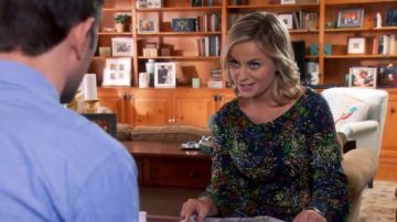 Alice + Olivia Sid Roulé Haut à Manches Saphir Jardin porté par Leslie Knope (Amy Poehler) dans les Parcs et les Loisirs (S06E14)