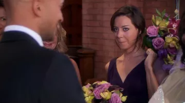 Donna Morgan Julie Twist-Waist Silk Chiffon Gown in Amethyst worn by April Ludgate (Aubrey Plaza) in Parks and Recreation (S07E07)