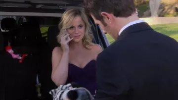 Ruched Sweetheart Silk Chiffon Gown in Amethyst worn by Leslie Knope (Amy Poehler) in Parks and Recreation (Season07 Episode07)