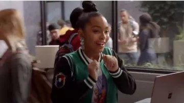 Two-Tone Knit School Bomber worn by Zoey Johnson (Yara Shahidi) in grown-ish (Season01 Episode08)